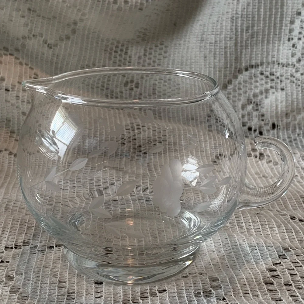 Princess House Heritage Etched Floral Clear Crystal Sugar Bowl W/Lid Creamer Set